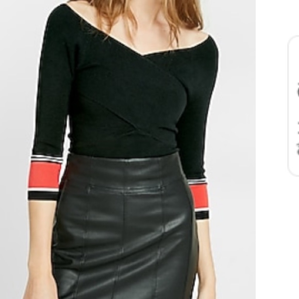 Express Black Off-the-Shoulder Sweater with Red Stripe Cuffs